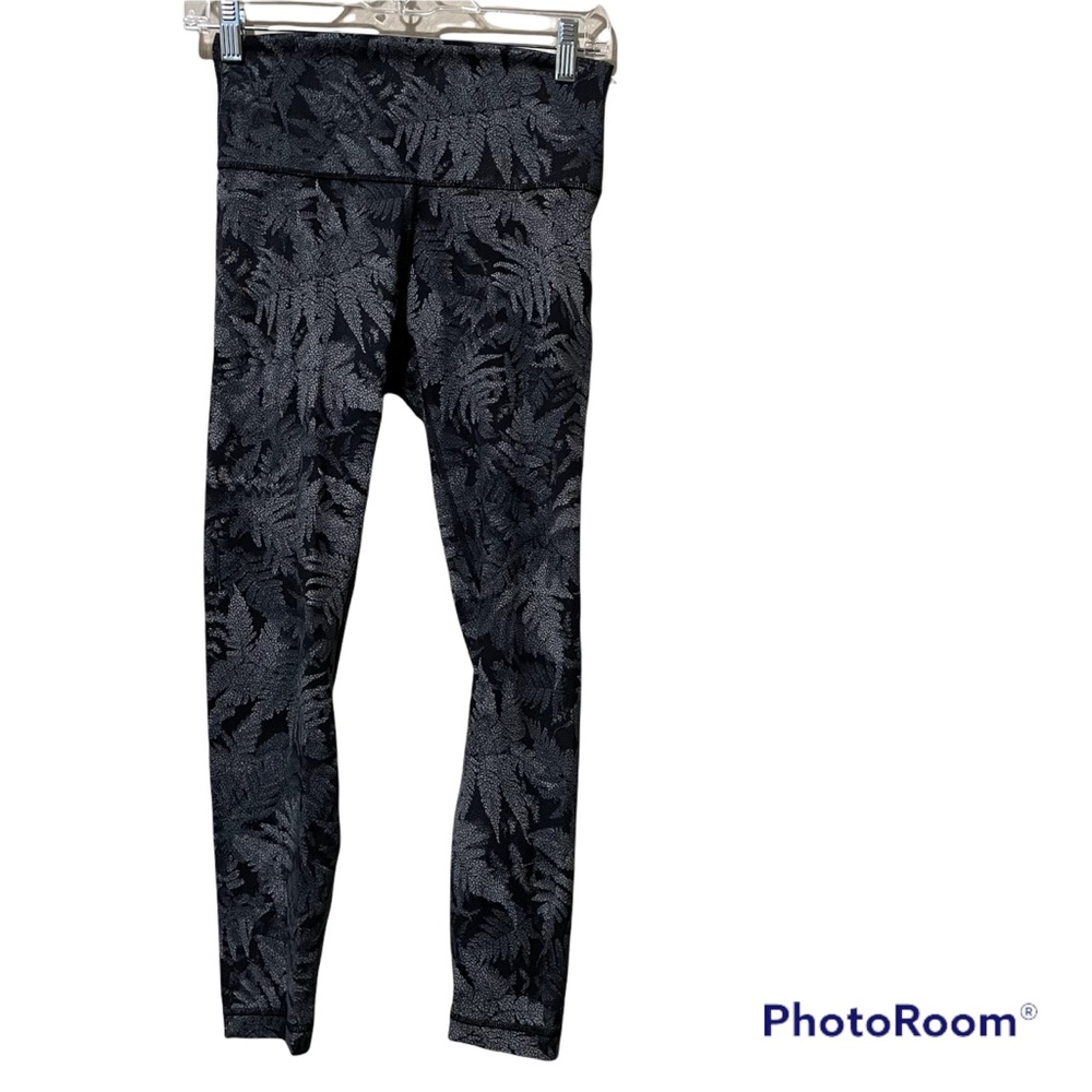 Lululemon Wunder Under High Rise Leggings Black Grey Leaf Pattern
